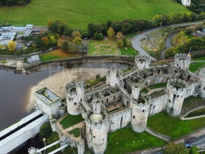 Conwy Castle and railway bridge from the air.