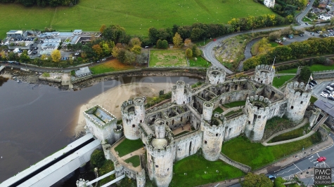 Conwy Castle and railway bridge from the air.