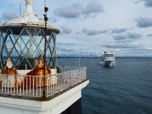 Holyhead breakwater lighthouse and a Viking cruise ship.