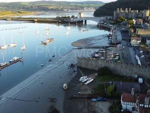 Conwy harbour and castle from the air