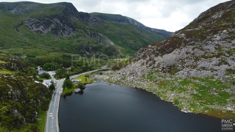 Llyn Ogwen from the air, looking towards the waterfalls.