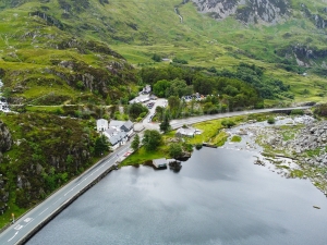 Llyn Ogwen from the air, looking towards the waterfalls.