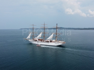 Sea Cloud Spirit heading out of Holyhead with sails up