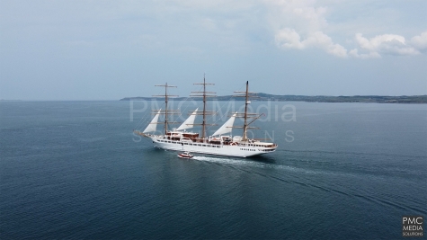 Sea Cloud Spirit heading out of Holyhead with sails up